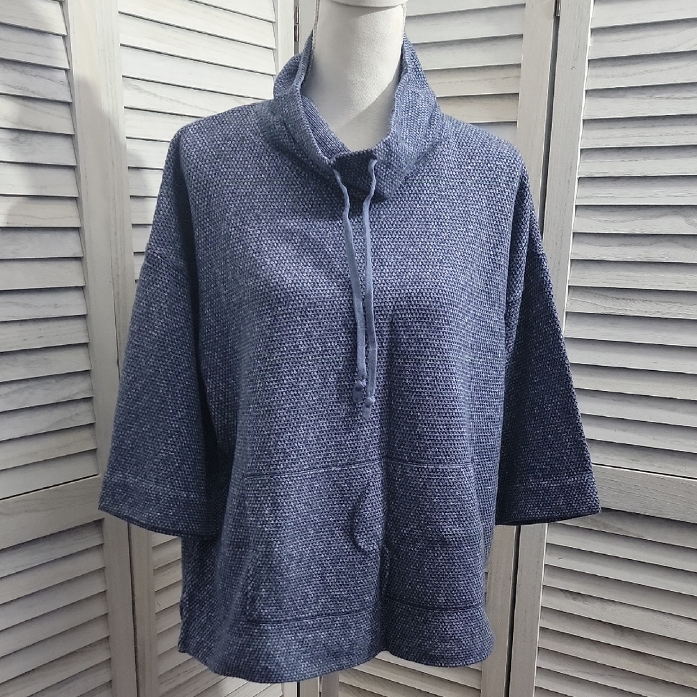 Pure Jill J. Jill Blue Textured Cowl Neck Kangaroo Pocket Pullover Sweater M
